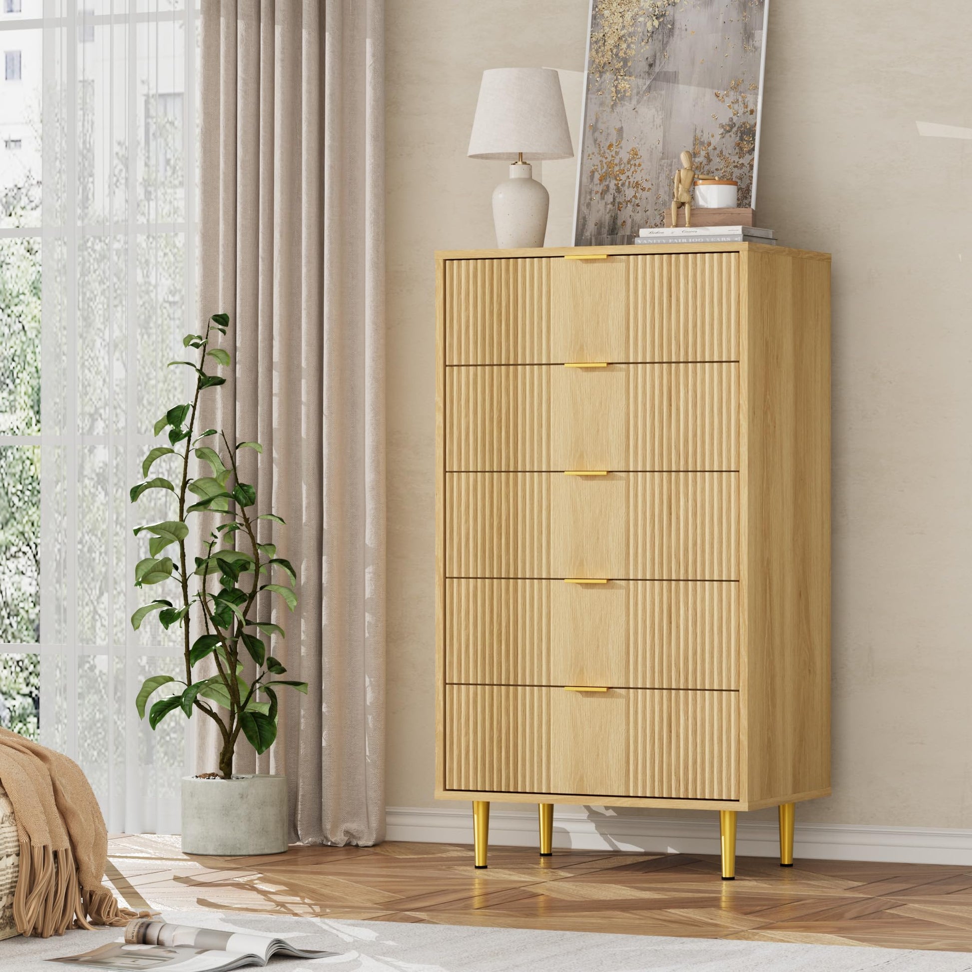 Moderne 5-Schubladen Kommode mit Wellenfront und Eichenfinish