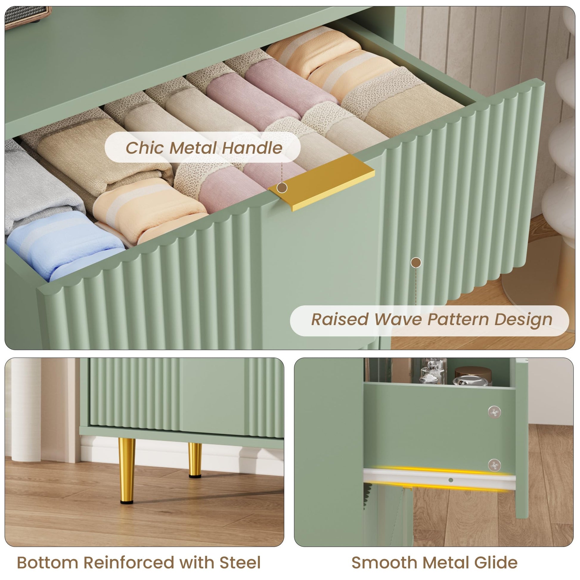 Klassisches Layout mit sechs tiefen Schubladen für maximale Aufbewahrung