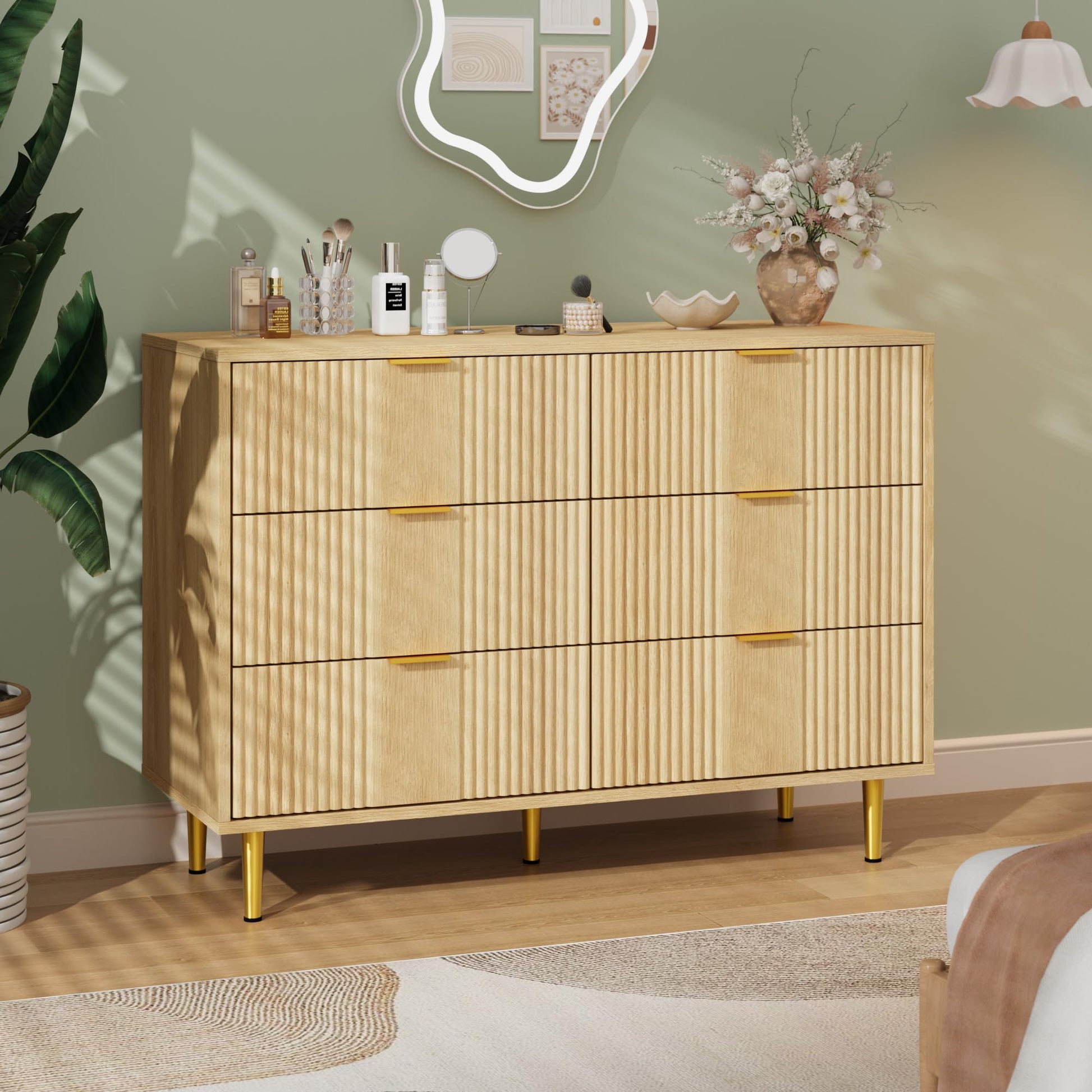 Moderne 6-Schubladen Kommode mit dekorativer Wellenfront und Eichenfinish
